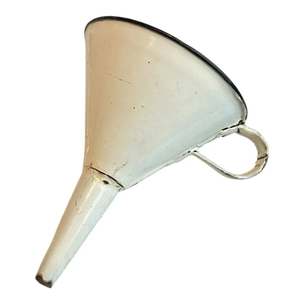 Vintage Small Petite Enamelware Funnel With a Handle Black Trim 4.5